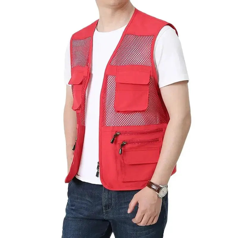 Men's red mesh quick-dry fishing vest with front flap pockets and zip pockets