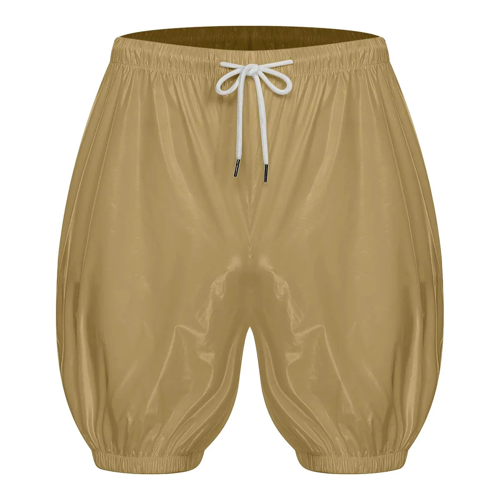 Adult waterproof reusable diaper cover shorts by Simples Market, beige-gold with white drawstring