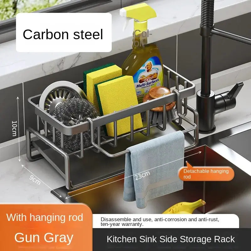 Kitchen sink side storage rack by Simples Market, gun-gray carbon steel with hanging rod and sponge slots
