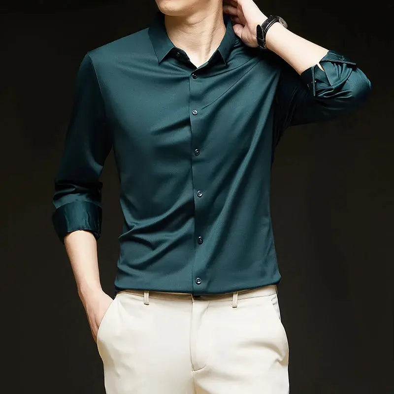 Premium Men's Ultra-Stretch Silky Shirt by Simples Market in teal, long-sleeve with rolled cuffs