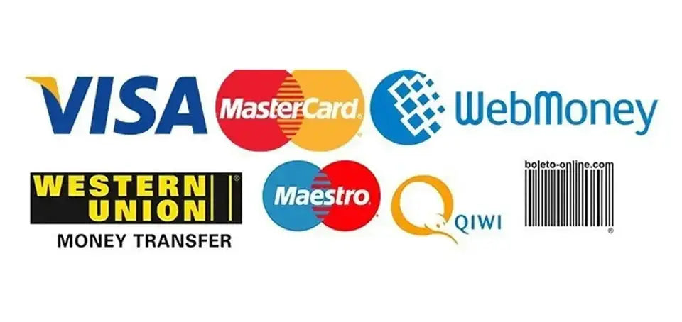 Collage of payment method logos: Visa, MasterCard, WebMoney, Western Union Money Transfer, Maestro, QIWI, boleto-online