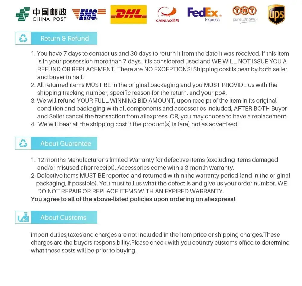 Simples Market camera policy page with carrier logos and Return & Refund, About Guarantee, About Customs sections.