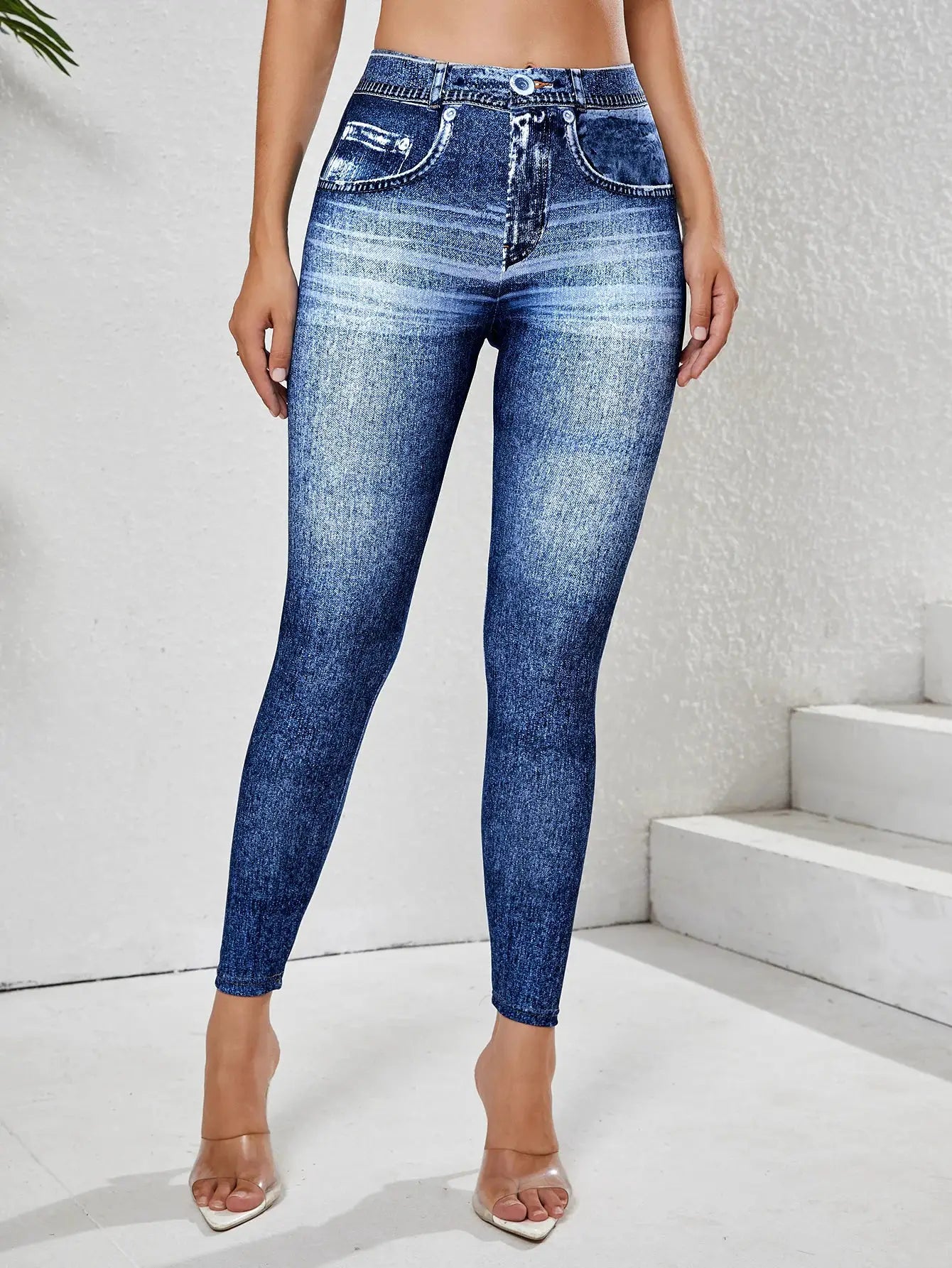 Simples Market women's imitation denim leggings with pockets, high-waisted tummy-control, blue denim.