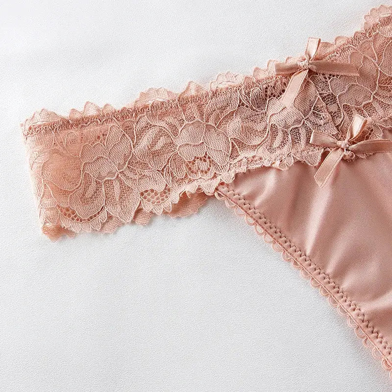 BANNIROU peach lace thong underwear for women, satin front with scalloped lace waistband and bows