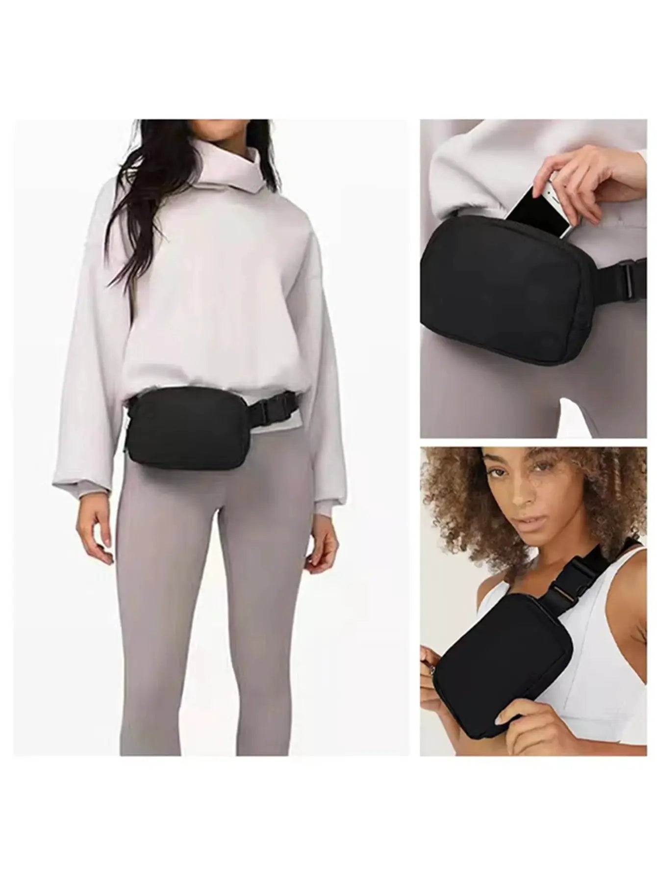 Black sport waist bag with phone pocket and adjustable belt strap; waterproof running belt