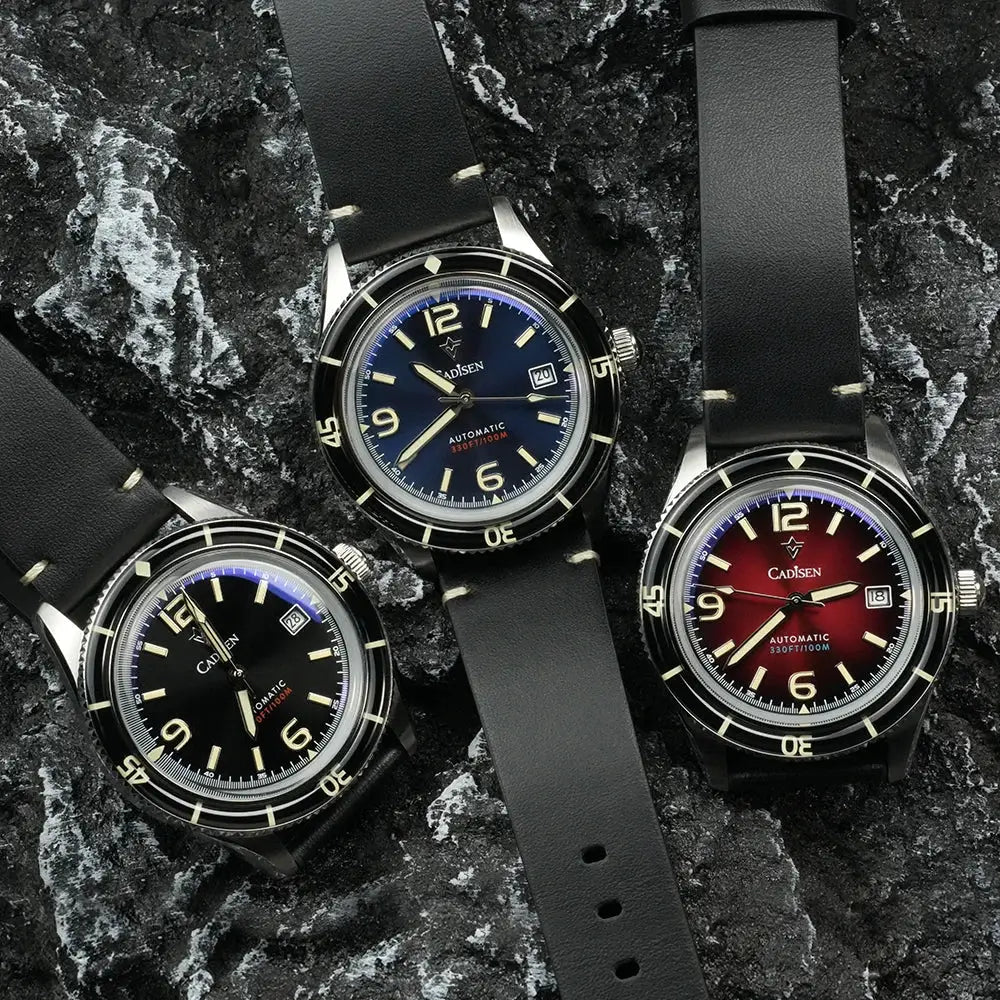 CADISEN 2026 automatic men's watches, three with black leather straps and blue, black, and red dials