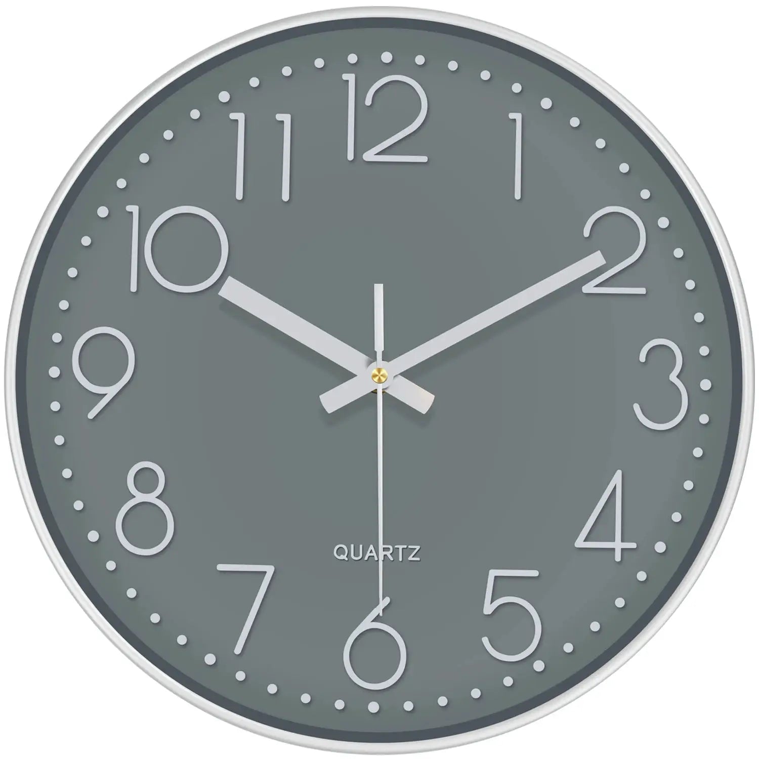 Wall clock, modern minimalist design, gray tempered-glass face with white numerals and hands, silent quartz movement