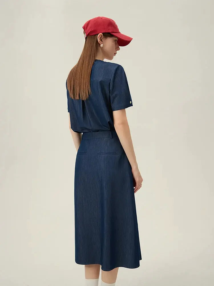 Navy blue long women's skirt with zip waist, office-appropriate pleated design