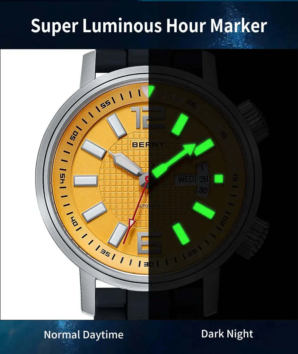 BERNY diver watch for men, 20ATM, yellow dial, stainless steel case, black strap, luminous green markers