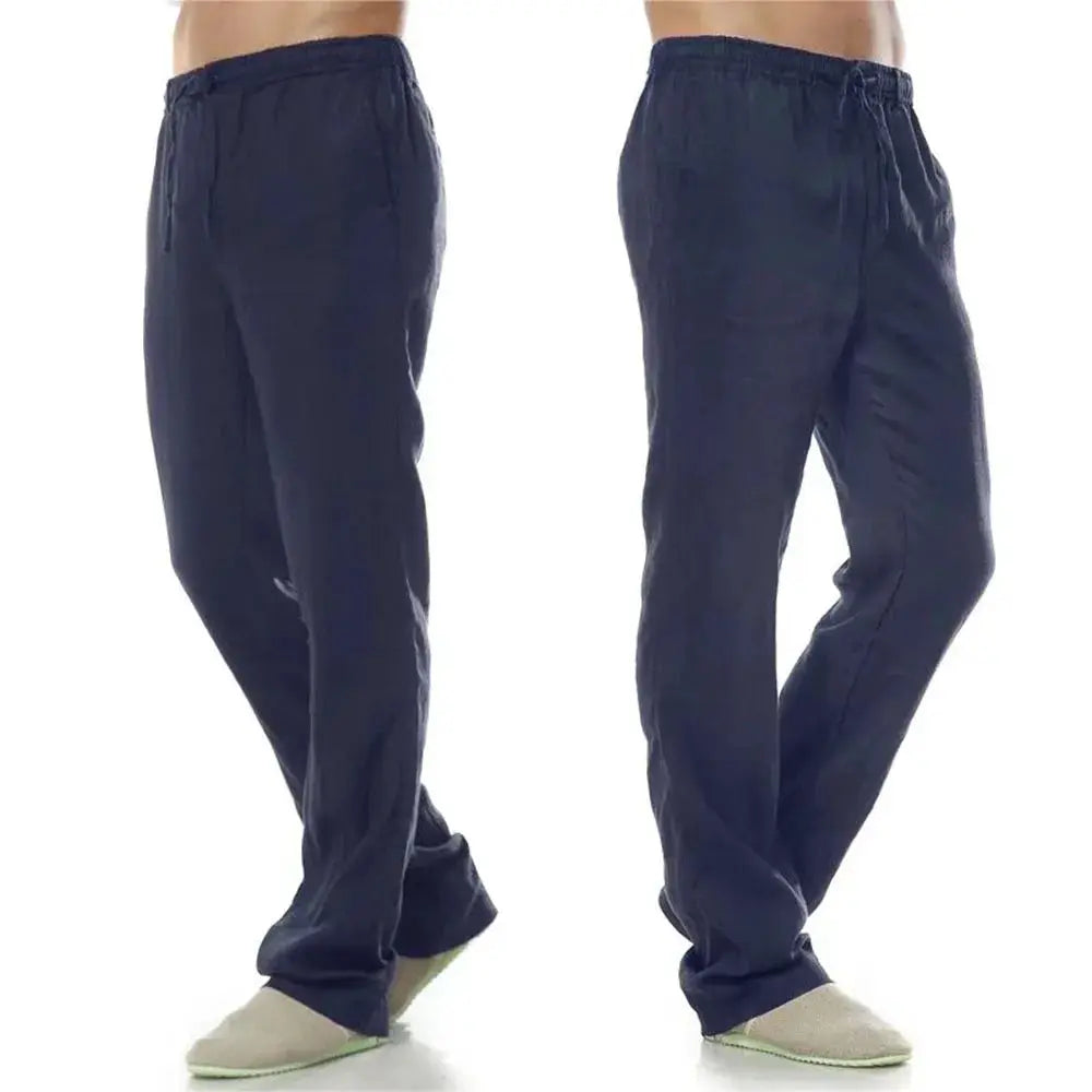 Men's Cotton Linen Pants Breathable Autumn Solid Color Linen Trousers With Elastic Waist And Straight Leg With Pockets