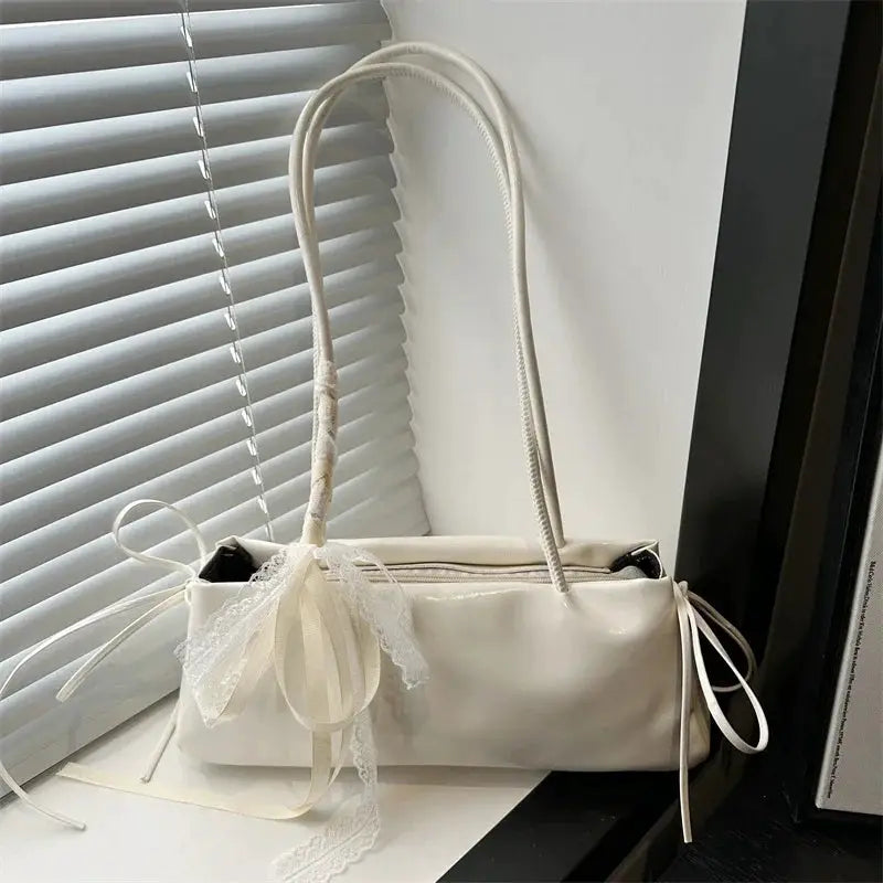 Simples Market white PU square shoulder bag with lace bow accents