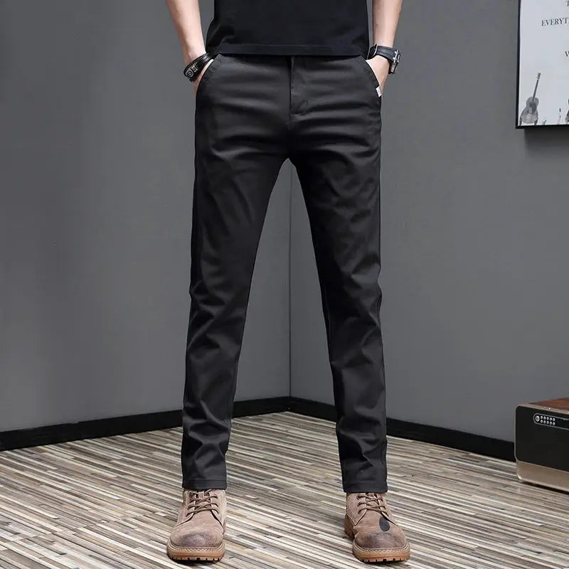 Simples Market men's casual pants, black slim-fit stretch cotton trousers
