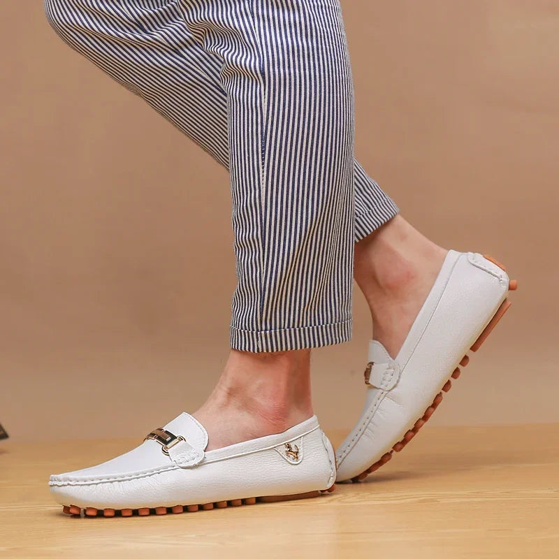 Men's white PU leather slip-on loafers with metal horsebit strap and brown sole