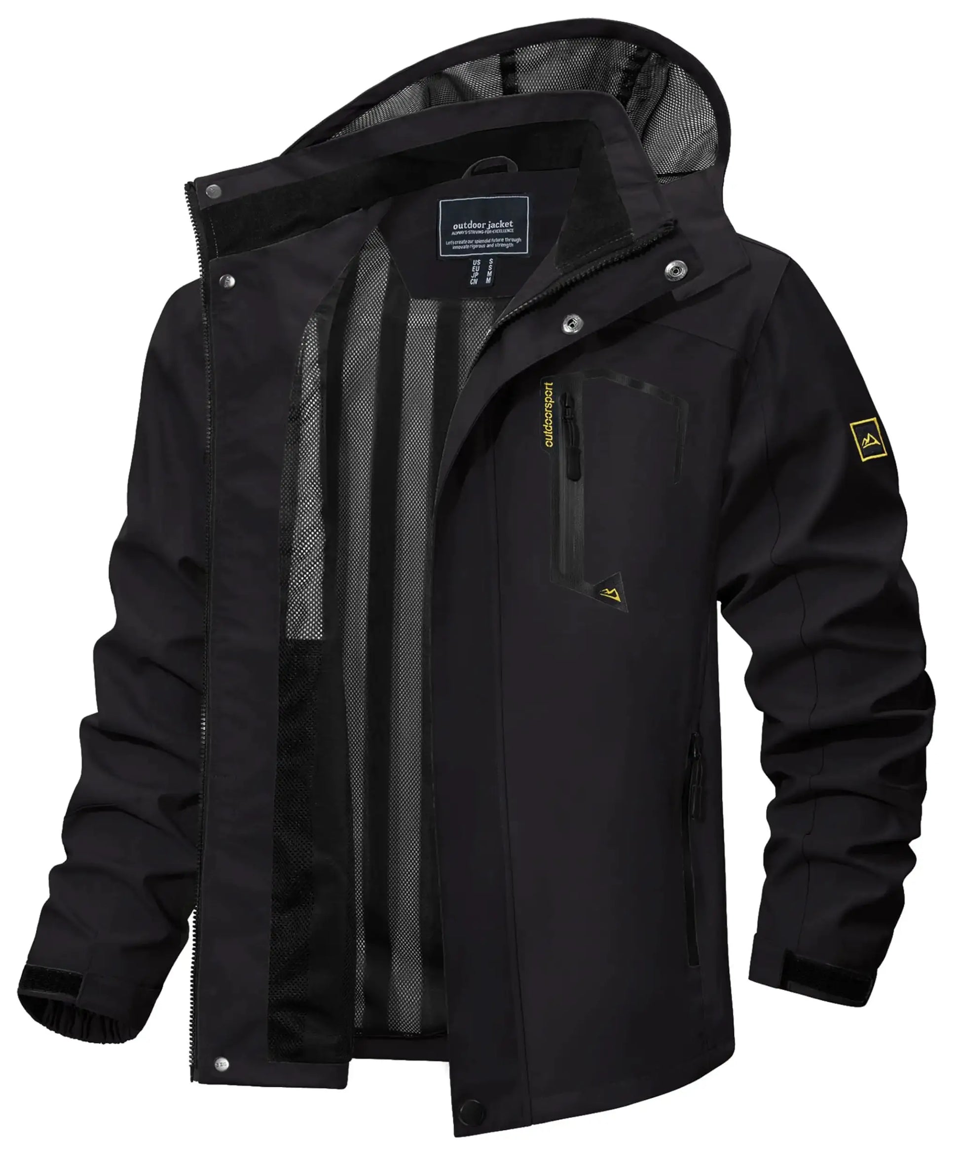 TACVASEN black waterproof rain jacket with mesh-lined interior, front zip and chest pocket