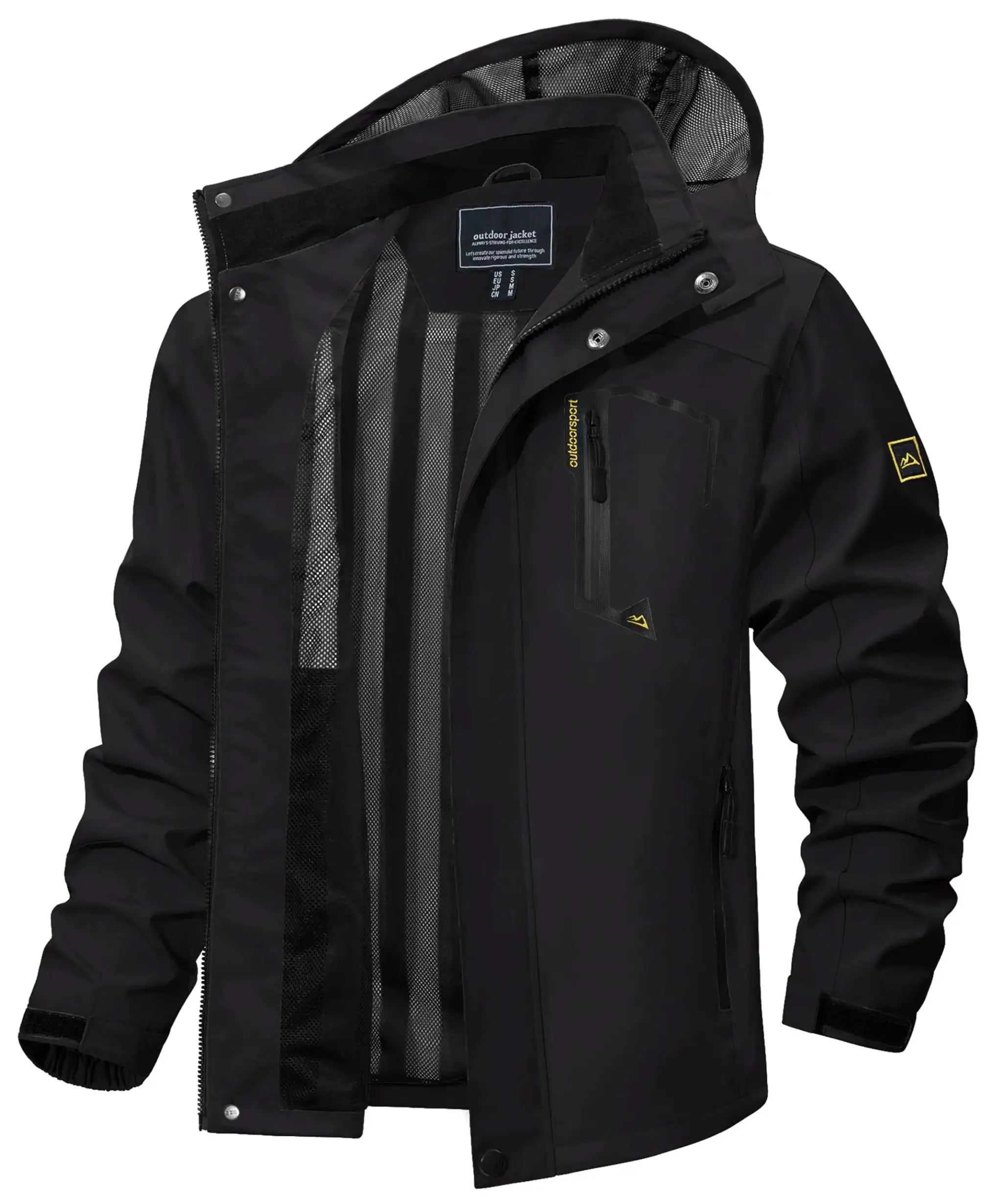 TACVASEN black waterproof rain jacket with mesh-lined interior, front zip and chest pocket