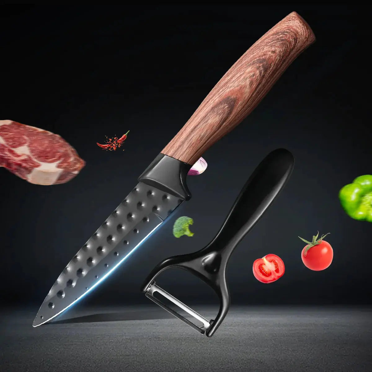 Stainless Steel Fruit Knife Paring Knife Two Piece Set With Non Stick Antibacterial Blades And Wood Grain Handles
