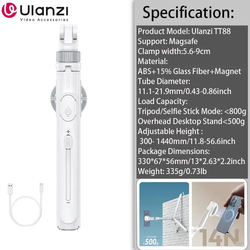 Ulanzi TT88 overhead selfie stick tripod with magnetic clamp and wireless remote, white, 1.44m