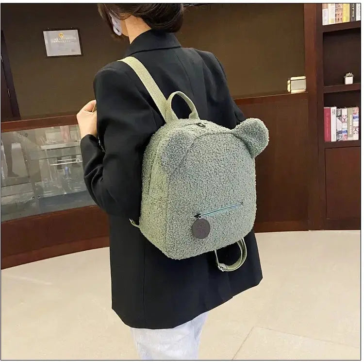 Simples Market cute bear-ear fleece small backpack in gray lambswool for kids