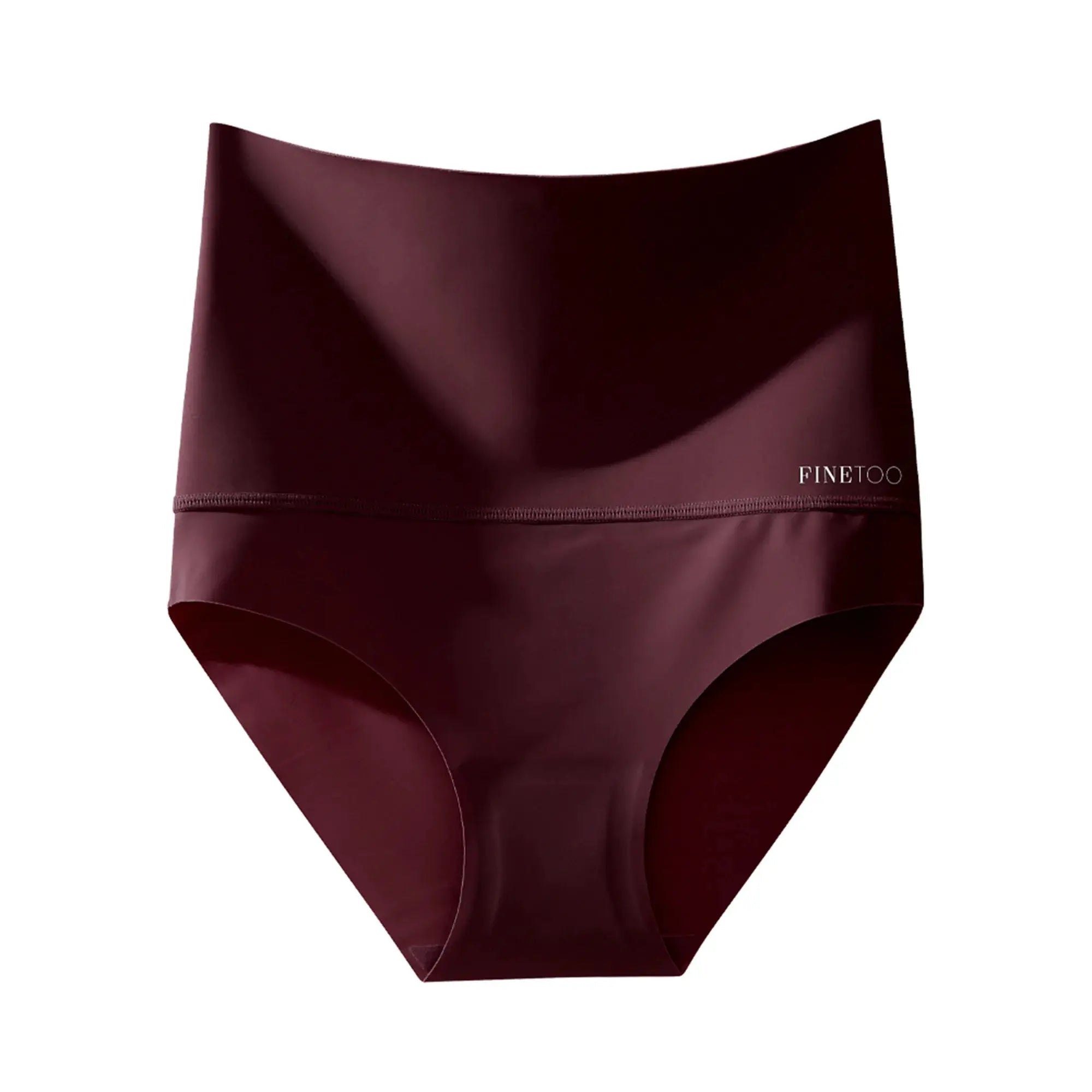 Seamless high-waist burgundy shapewear panties with elastic butt lifter and ice-silk fabric, Finetoo branding.