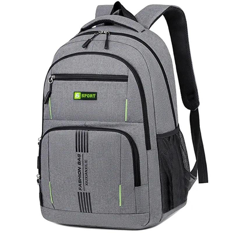 Backpack by Simples Market, gray nylon with S SPORT logo and neon-green accents; multiple compartments