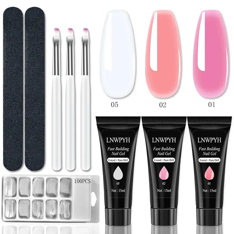Simples Market nail extension gel set with 3 gel tubes, color swatches, 100-piece tips, brushes, files, and slip solution
