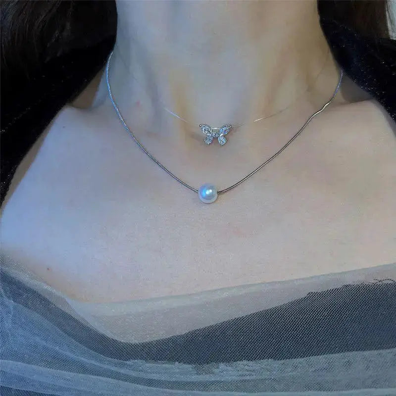 Kpop pearl choker necklace with crystal bow pendant on dual silver chains