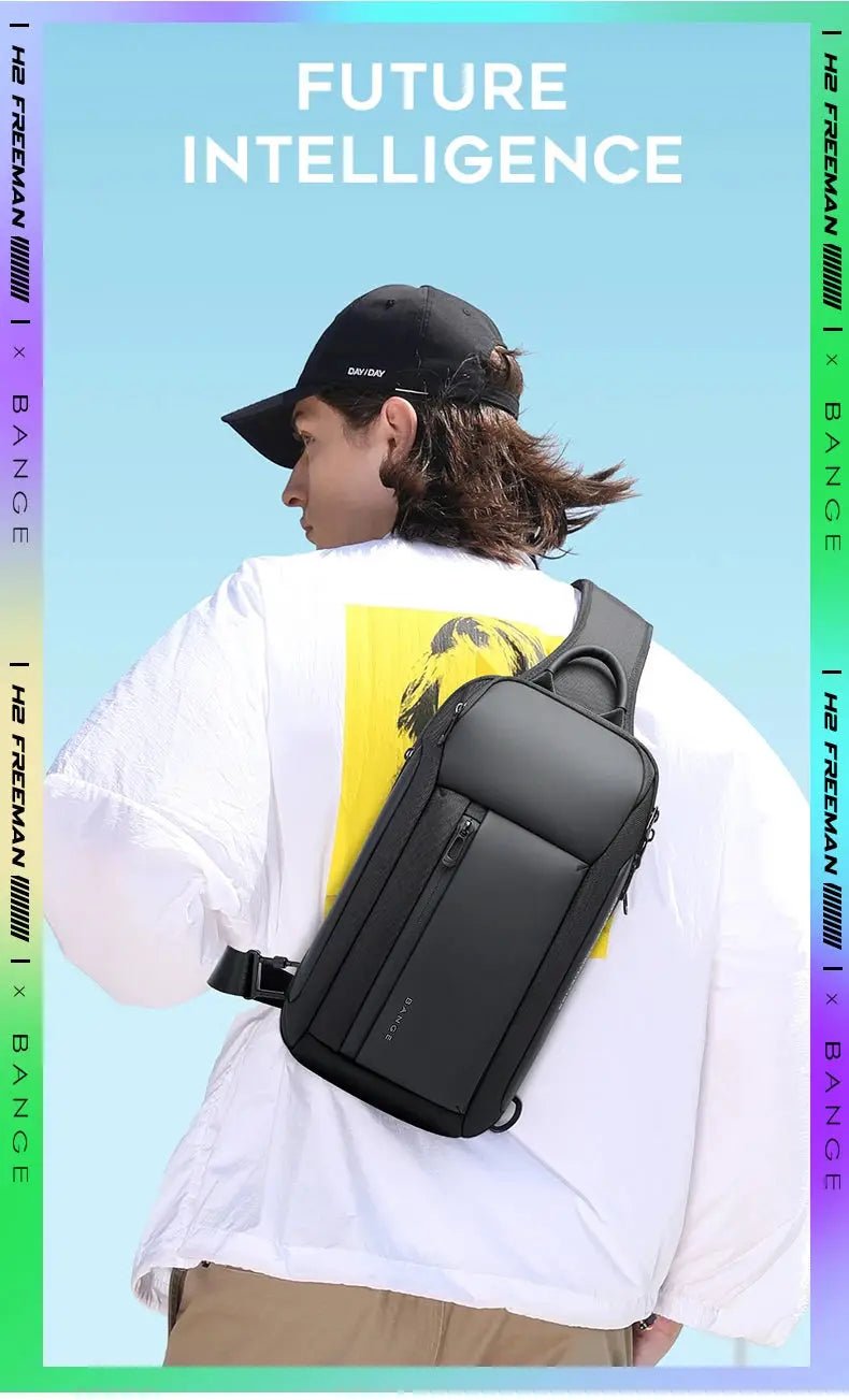 Bange waterproof chest bag crossbody, black, large capacity with front zipper pocket.