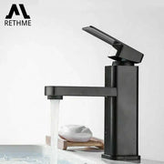 RETHEME black matte deck-mounted bathroom faucet with single-handle lever
