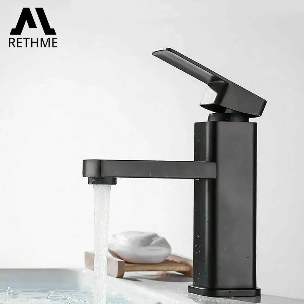 RETHEME black matte deck-mounted bathroom faucet with single-handle lever