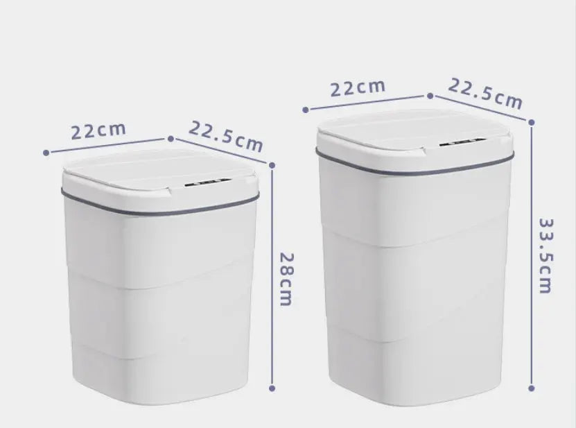 Smart sensor touchless auto-closing trash can, white, battery-powered, Simples Market, two sizes shown.