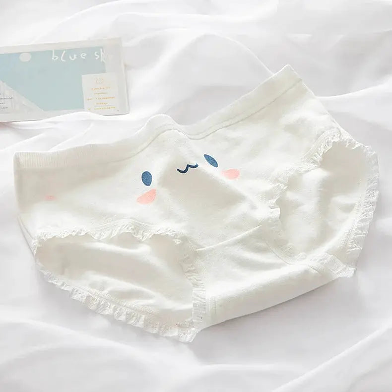 White cotton panties with lace trim and cute face print, size M-XL
