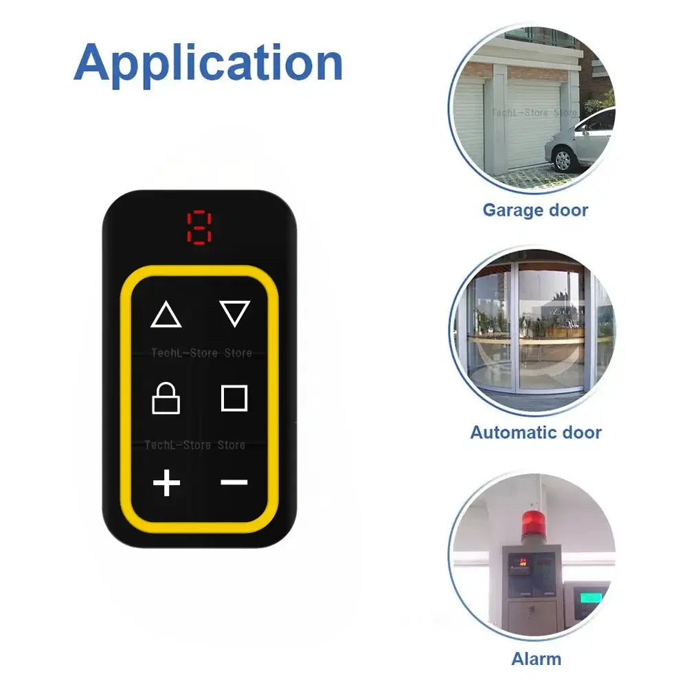 Multi-frequency garage door remote by Simples Market; black with yellow border, 300–915MHz.