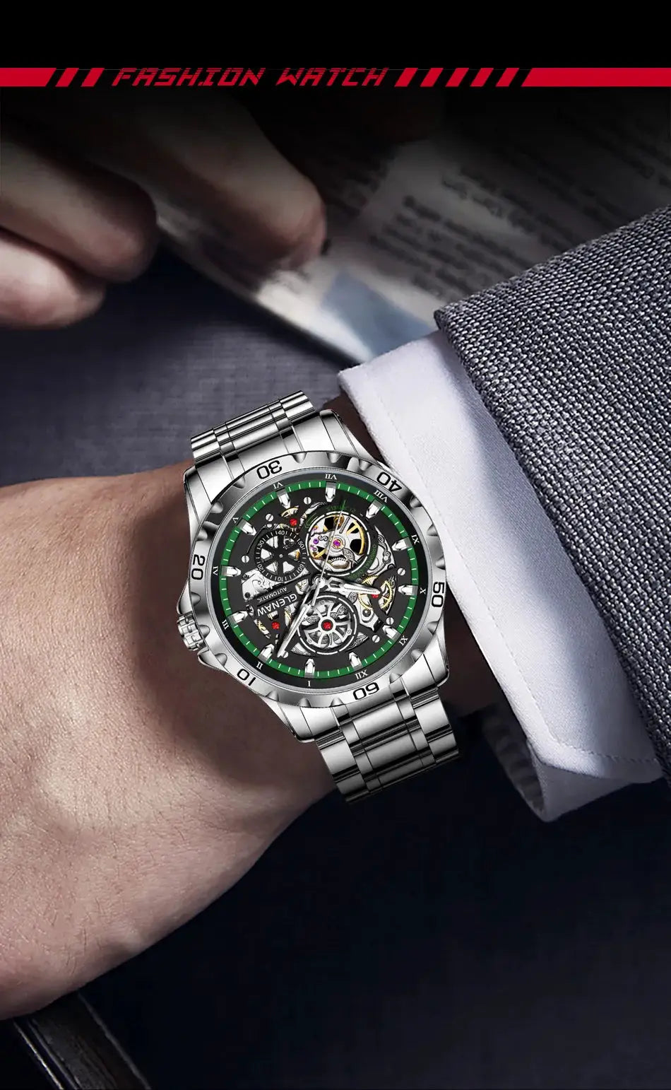 GLENAW Steampunk skeleton men's watch with stainless steel bracelet, green bezel and visible movement worn on wrist