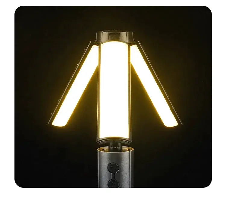 Simples Market rechargeable outdoor camping light with foldable LED panels and built-in power bank.