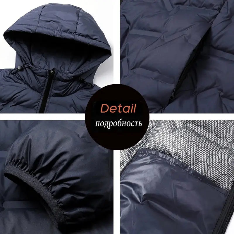 Men navy blue duck down puffer jacket with hood; windproof and waterproof.