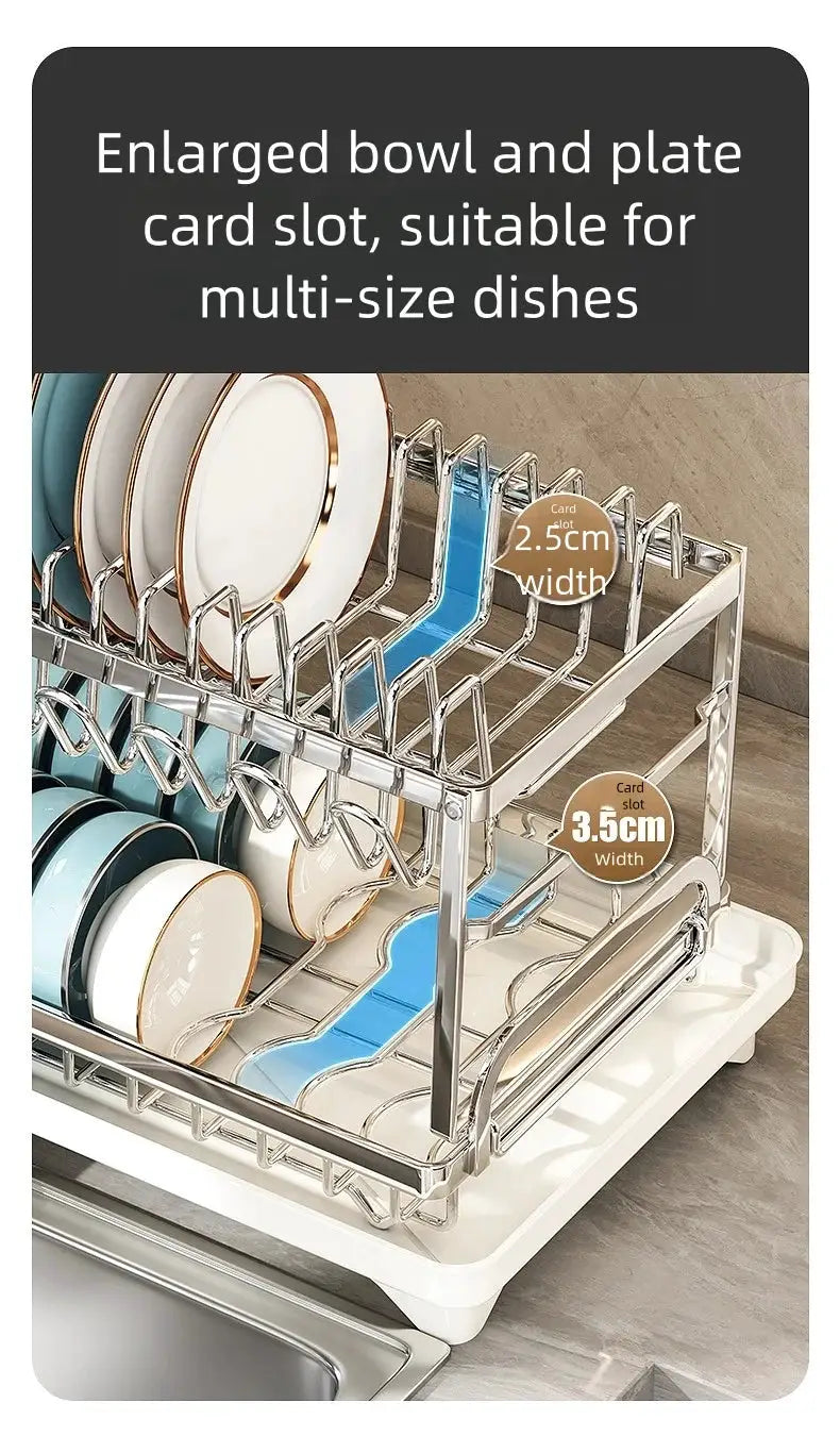Stainless steel two-tier dish rack with plate slots and bowl holders, Simples Market