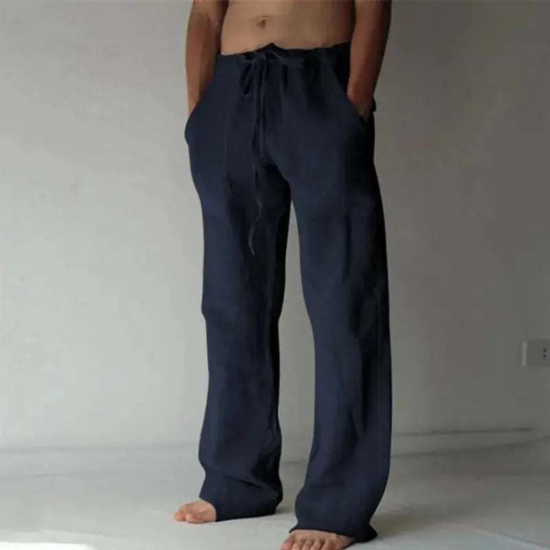 Navy linen wide-leg men's pants with drawstring waist for casual streetwear.