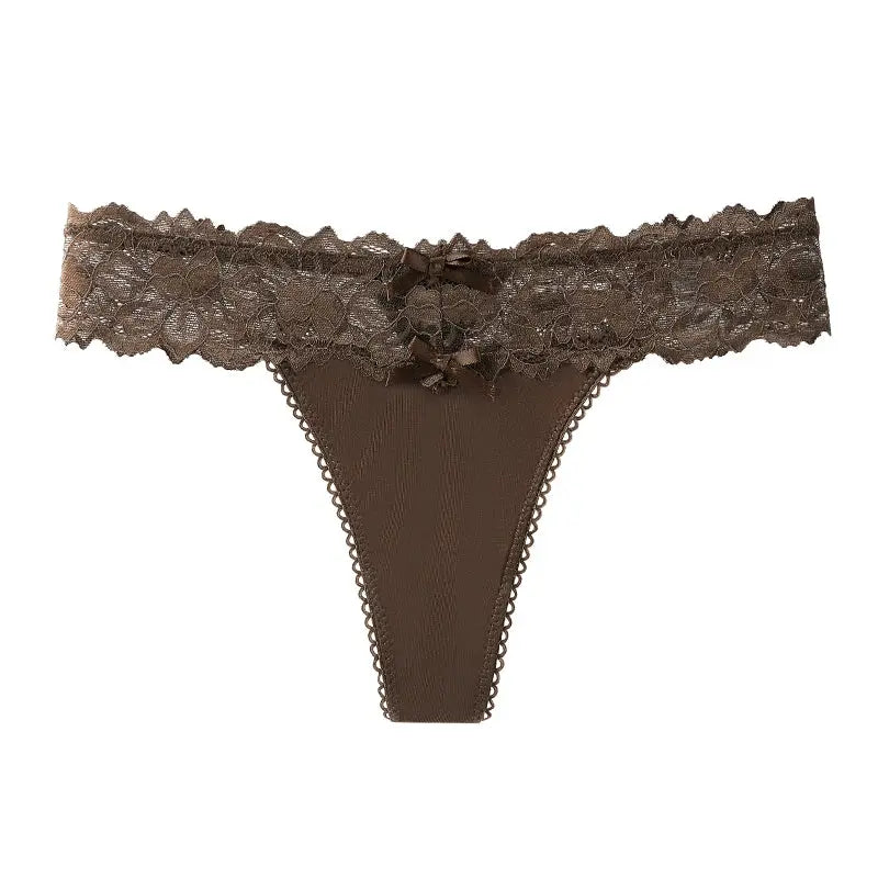 BANNIROU lace thong in brown with wide lace waistband and bow, Simples Market
