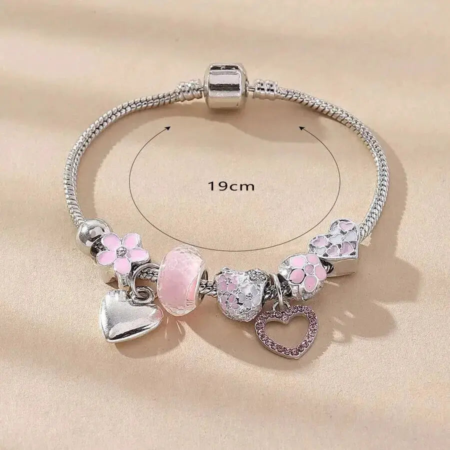 Obega Love Heart Flower Glass Pendant Charm Bracelet Pink White Crystal Stone Adjustable Bead Jewelry Silver Gold Color