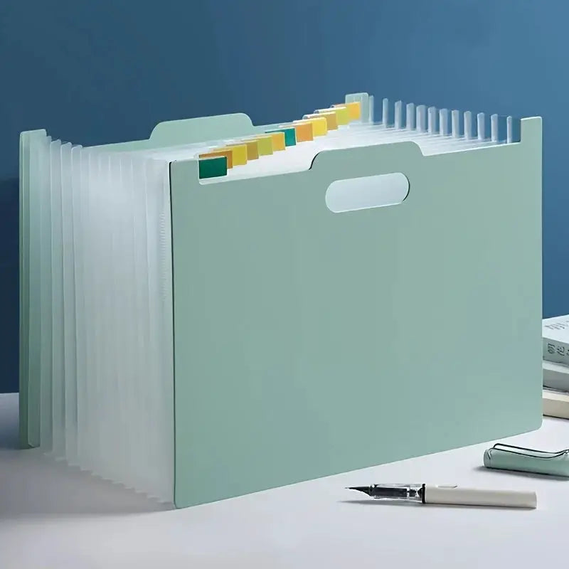 Mint green A4 foldable file storage box with multiple pockets and color-coded dividers.