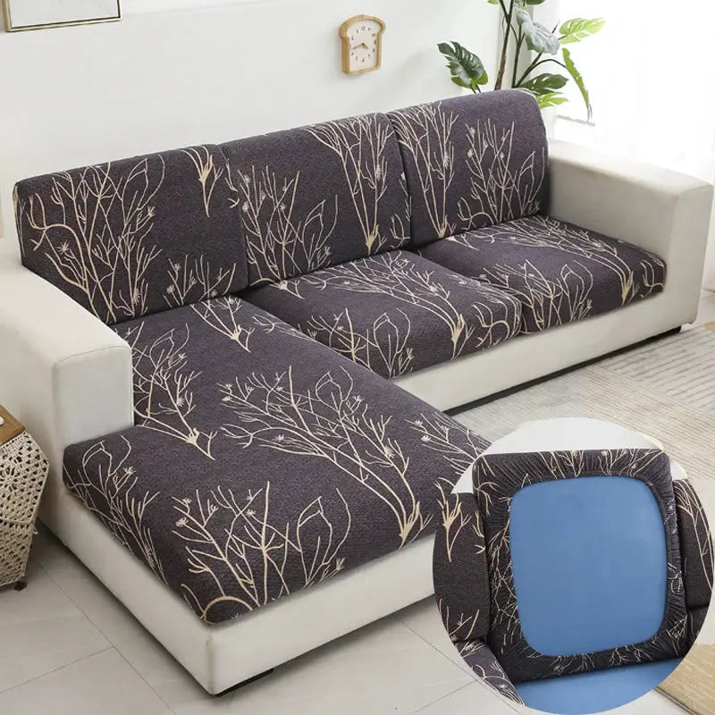 Floral printed stretch sofa slipcovers for L-shaped couch; Simples Market, dark gray with beige botanical pattern