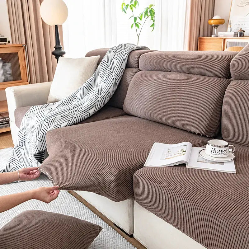 Sofa cover brown string-plush elastic cushion cover by Simples Market; living room furniture protector for pets