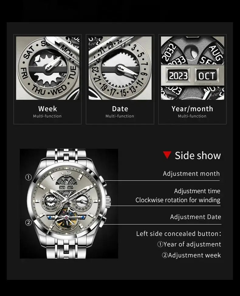 OUPINKE 3251 men's skeleton automatic wristwatch with silver steel case and bracelet, multi-function date/day displays