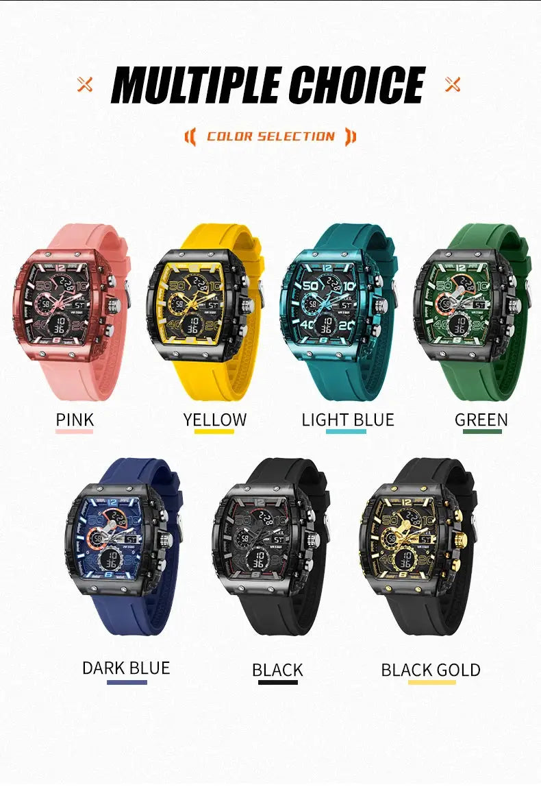 SMAEL 8109 men's square dual-display sport watch, 7 colorful silicone strap options, Simples Market
