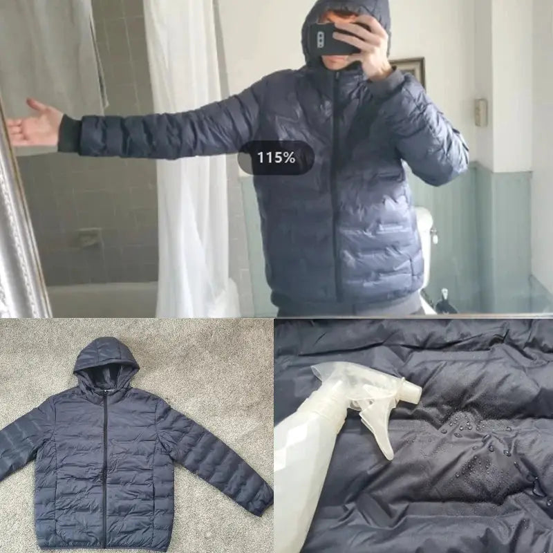 Men's navy blue duck-down puffer jacket with hood, waterproof and warm