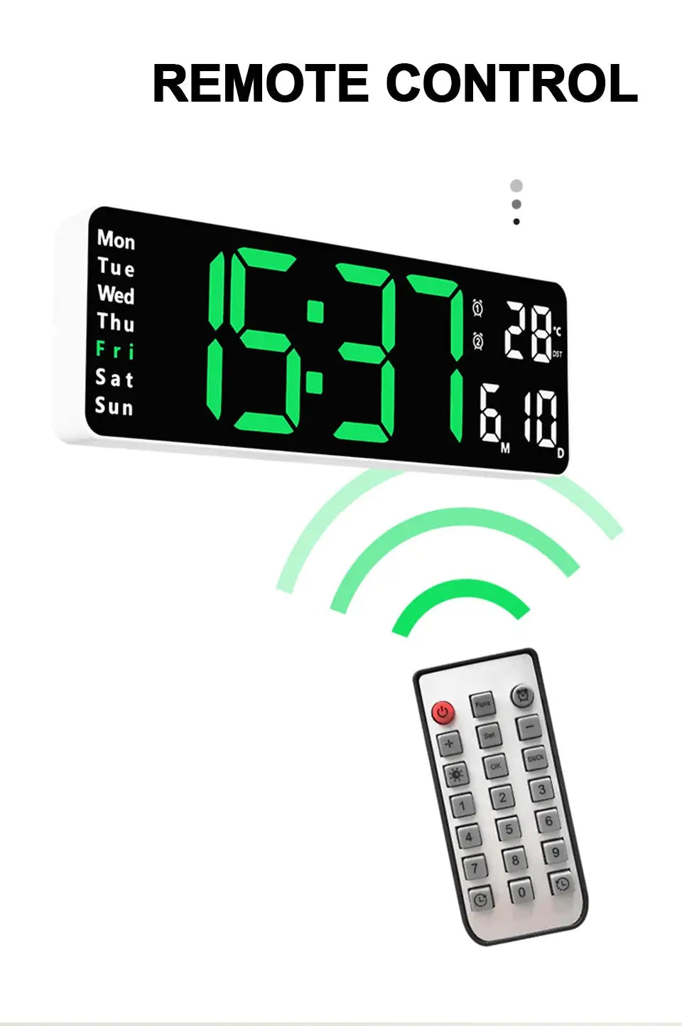 Simples Market large digital wall-mounted clock with remote; green LED display, temp/date/weekday, dual alarms.