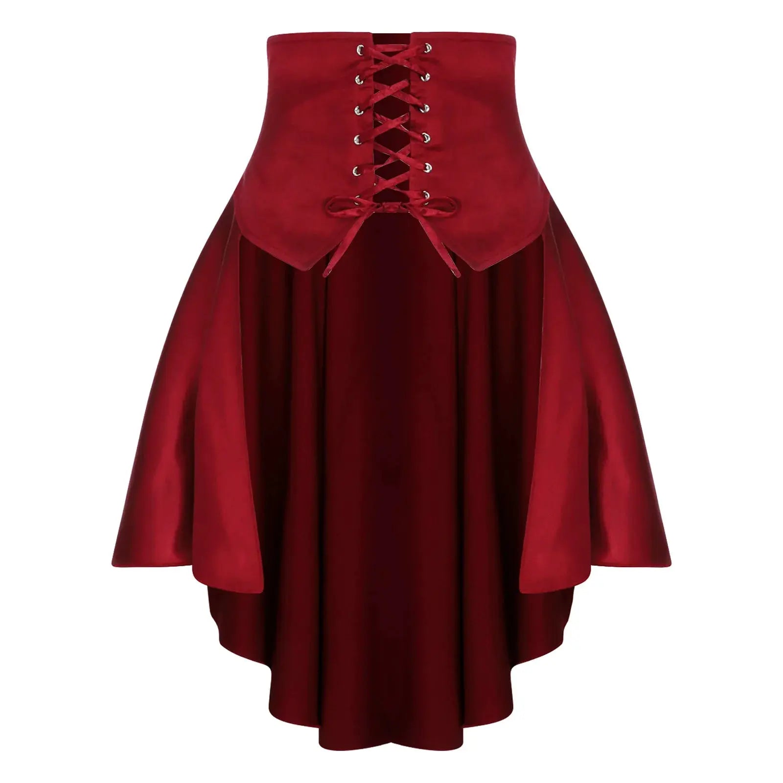 Womens Simples Market Gothic Steampunk satin pirate skirt with front lace-up, red satin, tiered ruffles and irregular hem