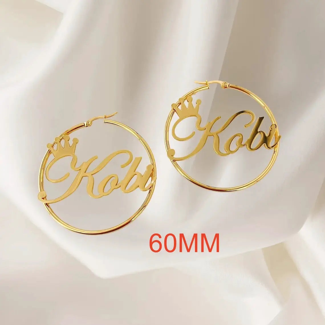 Pair of custom crown name hoop earrings, gold-tone stainless steel, 60mm diameter