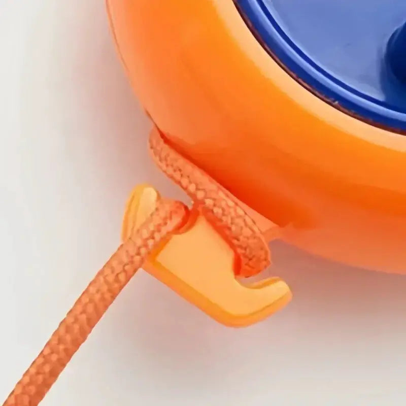 Retractable clothesline with orange rope and blue housing, yellow hook.