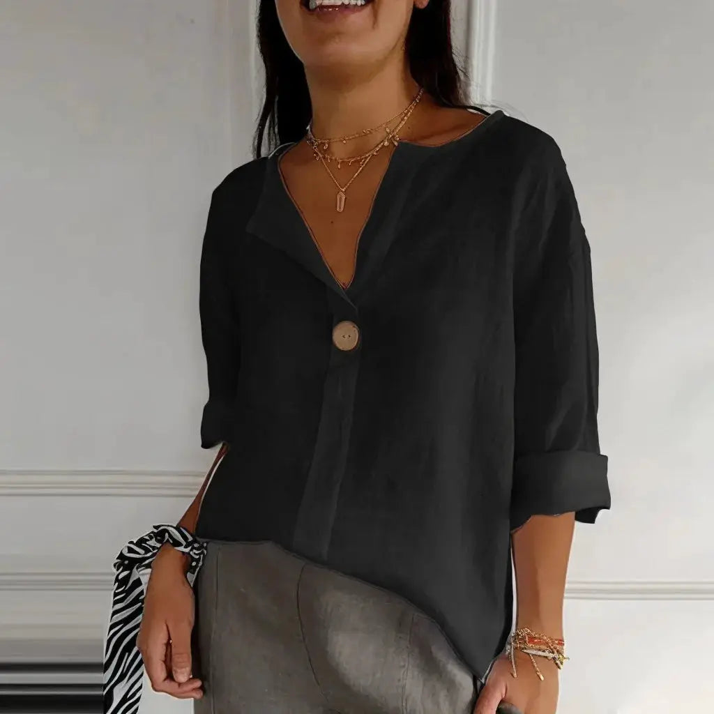 VEITCHE black V-neck button blouse, 3/4 sleeves, cotton-linen, loose-fit top